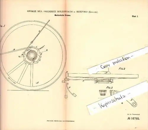 Original Patent - George M.F. Molesworth in Bideford , Devon , 1881 , mechanical brake !!!