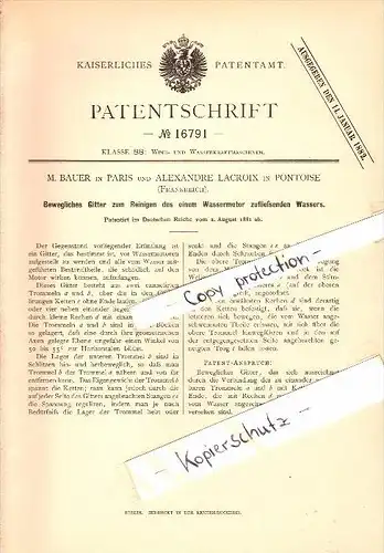 Original Patent - Alexandre Lacroix à Pontoise , 1881 , Grille pour purifier l'eau , M. Bauer in Paris   !!!