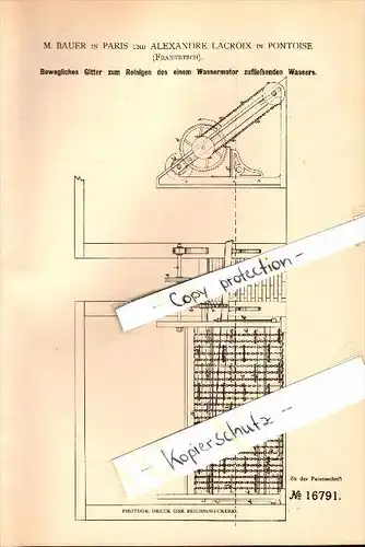 Original Patent - Alexandre Lacroix à Pontoise , 1881 , Grille pour purifier l'eau , M. Bauer in Paris   !!!