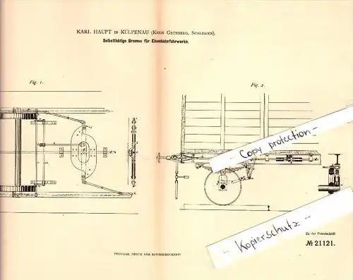 Original Patent -  Karl Haupt in Külpenau / Kielpin , 1882 , Bremse für Eisenbahn , Grünberg / Zielona Góra i. Schlesien