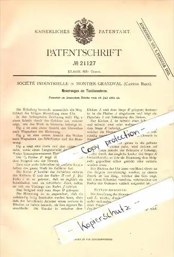 Original Patent - Société Industrielle in Montier-Grandval , 1882 , Neuerung an Taschenuhren , Uhrmacher , Kanton Bern !