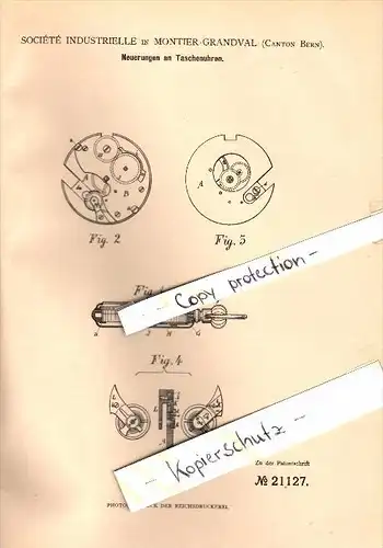 Original Patent - Société Industrielle in Montier-Grandval , 1882 , Neuerung an Taschenuhren , Uhrmacher , Kanton Bern !