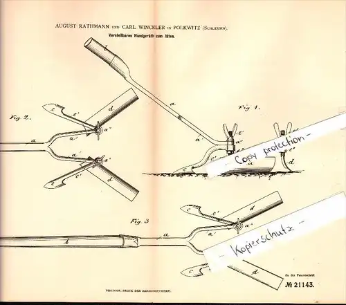 Original Patent - A. Rathmann und C. Wickler in Polkwitz / Polkowice , 1882 , Handgerät zum Jäten , Schlesien !!!
