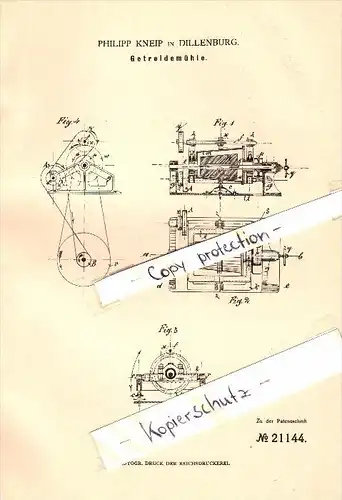 Original Patent - Philipp Kneip in Dillenburg , 1882 , Getreidemühle , Landwirtschaft , Agrar !!!