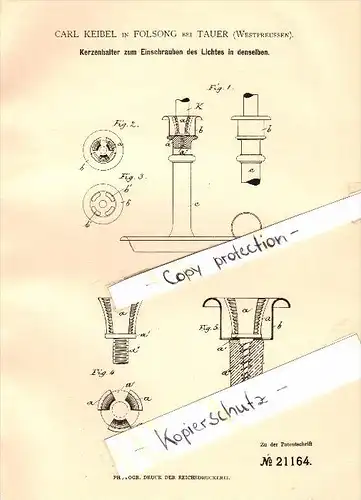 Original Patentschrift - C. Keibel in Folsong b. Tauer / Turzno , 1882 , Kerzenhalter , Beleuchtung , Kr. Thorn !!!