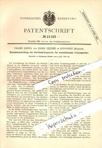 Original Patent - F. Janda und Josef Zednik in Konopist , 1882 , Verdampfapparat für Flüssigkeiten , Benesov / Beneschau