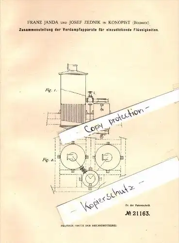 Original Patent - F. Janda und Josef Zednik in Konopist , 1882 , Verdampfapparat für Flüssigkeiten , Benesov / Beneschau