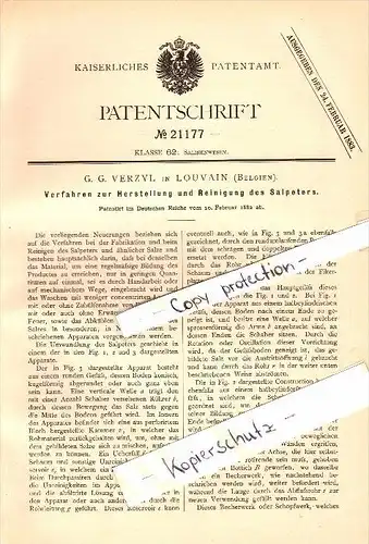 Original Patent - G.G. Verzyl in Louvain / Löwen , 1882 , Herstellung und Reinigung von Salpeter , Chemie !!!