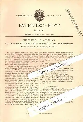 Original Patent - C. Thiele in Quakenbrück , 1882 , Herstellung von Pinseln , Pinsel !!!