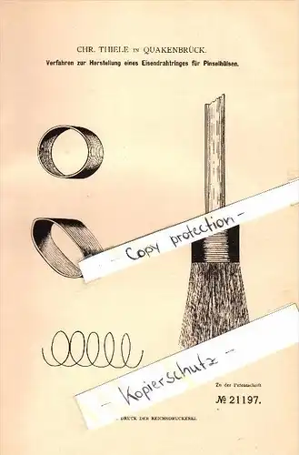 Original Patent - C. Thiele in Quakenbrück , 1882 , Herstellung von Pinseln , Pinsel !!!