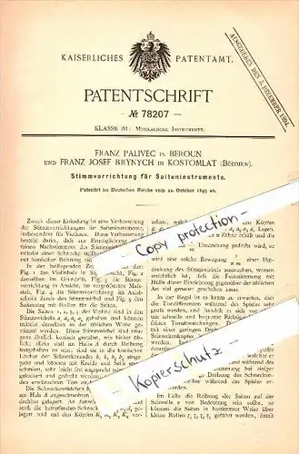 Original Patent - F. Brynych in Kostomlat / Kostomlaty nad Labem ,1893, Violine , Geige , F. Palivec in Beroun / Beraun