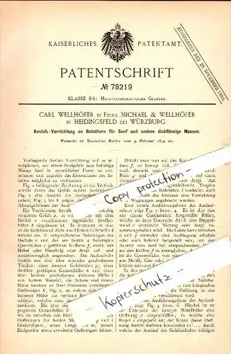 Original Patent - Carl Wellhöfer in Heidingsfeld b. Würzburg , 1894 , Auslaß-Vorrichtung für Senf-Behälter !!!