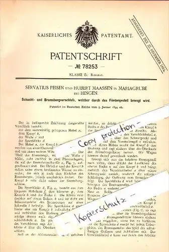 Original Patent - S. Peisen und H. Maassen in Mariagrube b. Hingen / Heinsberg ,1894, Schachtverschluß , Bergbau , Zeche