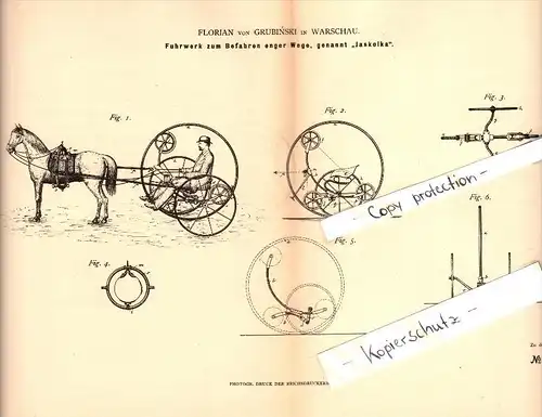 Original Patentschrift - Florian von Grubinski in Warschau , 1881 , Fuhrwerk für enge Wege , Kutsche , Jaskolka !!!