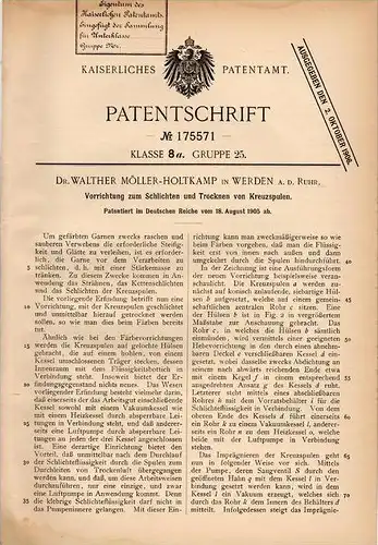 Original Patentschrift - Dr. W. Möller - Holtkamp in Werden b. Essen , 1905 , Apparat zum Trocknen von Garn !!!