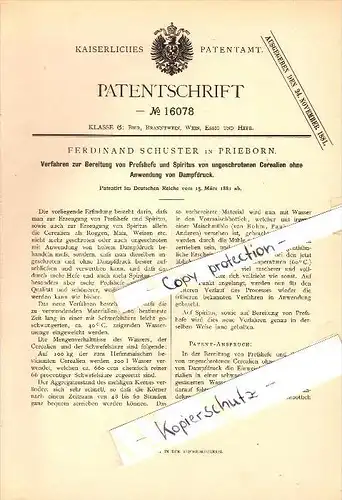 Original Patentschrift - F. Schuster in Prieborn / Przeworno , 1881 , Herstellung von Preßhefe und Spiritus , Brauerei !