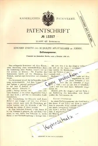 Original Patent - E. Zarth und R. Splittegarb in Amsee b. Waren / Müritz , 1880 , Enfernungsmesser , Mecklenburg !!!