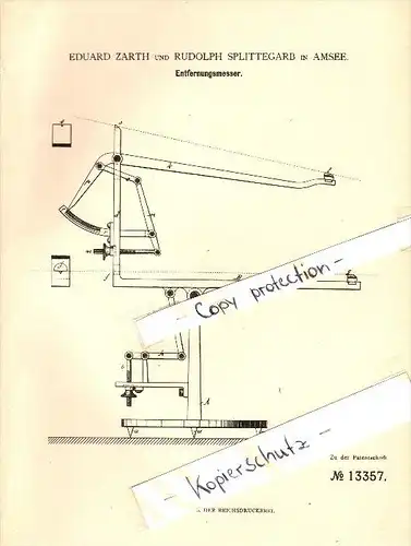 Original Patent - E. Zarth und R. Splittegarb in Amsee b. Waren / Müritz , 1880 , Enfernungsmesser , Mecklenburg !!!