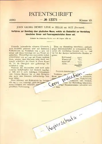 Original Patent - J.G.H. Lenk in Zelle b. Aue , Sachsen , 1880 , Bereitung einer plastischen Masse !!!