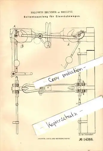 Original Patent - Salomon Brunner in Bregenz , Vorarlberg , 1880 , Seitenkupplung für Eisenbahn !!!