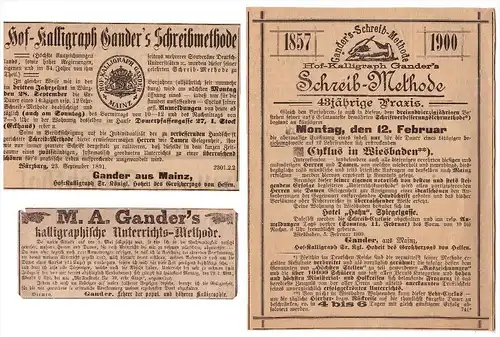 3x Werbung von Hof- Kalligraph Gander in Mainz , 1886 , Feder , Federhalter , Kalligraphie !!!