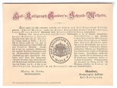 original Werbekarte von Hof- Kalligraph Gander in Mainz , 1886 , Feder , Federhalter , Kalligraphie !!!