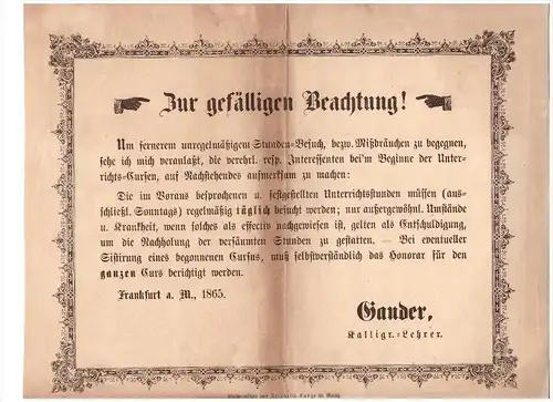 alte Werbung , 1865 , Hof- Kalligraph Gander in Mainz , Feder , Federhalter , Kalligraphie !!!