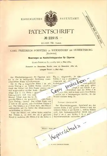 Original Patent - C.F. Forwerg in Wermsdorf b. Hubertusburg , 1882 , Handwickelapparat für Cigarren , Cigarre !!!