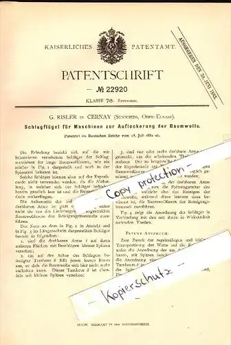 Original Patent - G. Risler à Cernay / Sennheim , 1882 , Machine pour le coton !!!