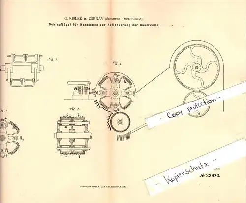 Original Patent - G. Risler à Cernay / Sennheim , 1882 , Machine pour le coton !!!