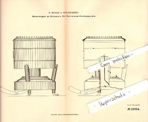 Original Patent -  R. Meyer in Woldenberg / Dobiegniew , 1882 , Brenner für Petroleum-Kochapparate !!!