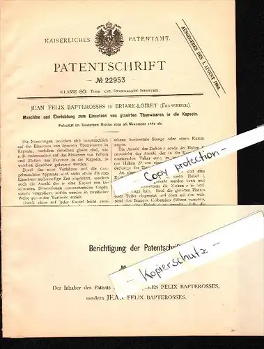 Original Patent - J.F. Bapterosses à Briare-Loiret , 1882 , Machine de plaque vitrée !!!