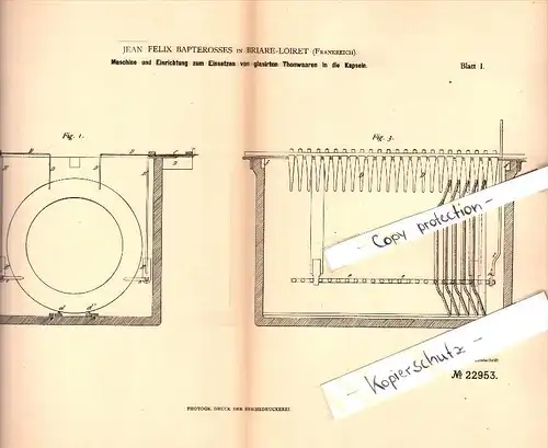 Original Patent - J.F. Bapterosses à Briare-Loiret , 1882 , Machine de plaque vitrée !!!