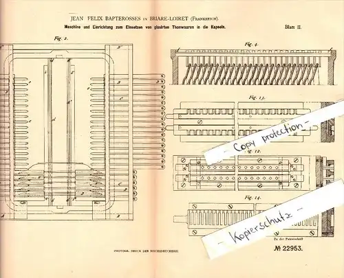 Original Patent - J.F. Bapterosses à Briare-Loiret , 1882 , Machine de plaque vitrée !!!