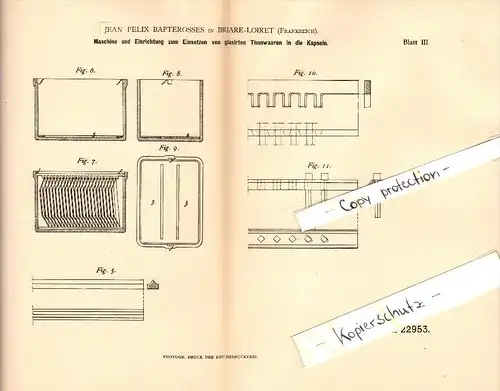 Original Patent - J.F. Bapterosses à Briare-Loiret , 1882 , Machine de plaque vitrée !!!