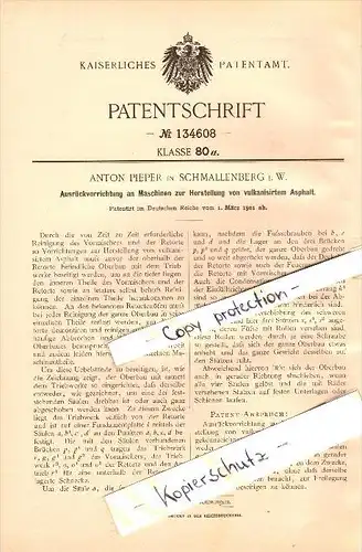 Original Patent - Anton Pieper in Schmallenberg i.W. , 1901 ,  Herstellung von vulkanisiertem Asphalt , Straßenbau !!!