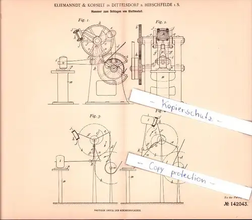 Original Patent - Kliemanndt & Korselt in Dittelsdorf b. Hirschfelde , 1902 , Hammer für Blattmetall , Zittau , Görlitz