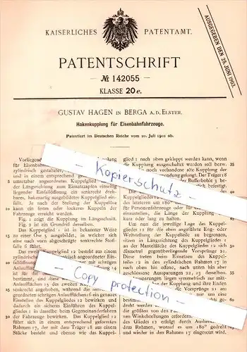 Original Patent - G. Hagen in Berga a. d. Elster , 1902 , Hakenkupplung für Eisenbahnfahrzeuge !!!