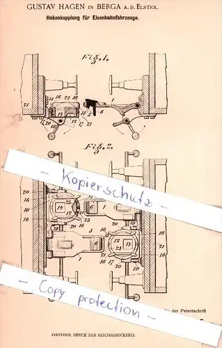 Original Patent - G. Hagen in Berga a. d. Elster , 1902 , Hakenkupplung für Eisenbahnfahrzeuge !!!