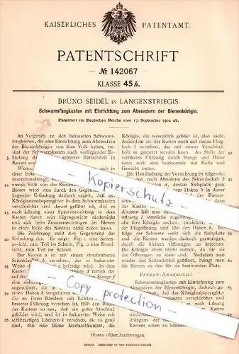 Original Patent - Bruno Seidel in Langenstriegis b. Frankenberg i. Sa., 1902 , Schwarmfangkasten , Imkerei !!!