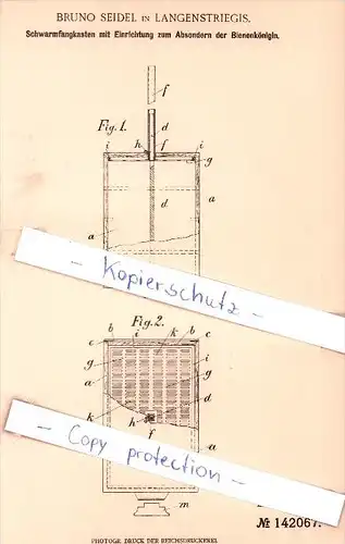 Original Patent - Bruno Seidel in Langenstriegis b. Frankenberg i. Sa., 1902 , Schwarmfangkasten , Imkerei !!!