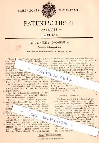 Original Patent - Emil Maske in Drontheim / Trondheim , 1902 , Flaschenreinigungsbürste , Norway , Norwegen !!!