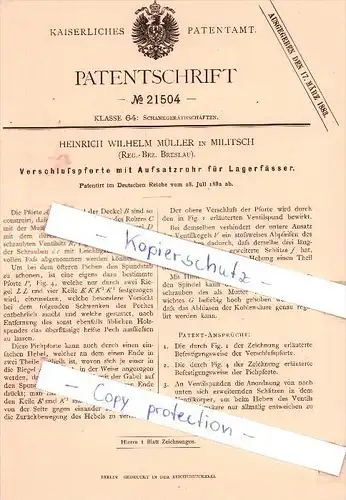 Original Patent - H. W. Müller in Militsch / Milicz , Sclesien , 1882 , Verschlußpforte mit Aufsatzrohr !!!