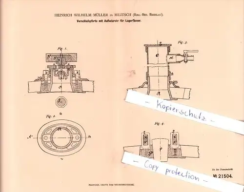 Original Patent - H. W. Müller in Militsch / Milicz , Sclesien , 1882 , Verschlußpforte mit Aufsatzrohr !!!
