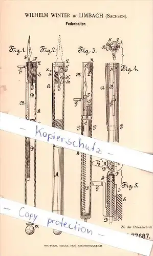 Original Patent - Wilhelm Winter in Limbach , Sachsen , 1894 , Federhalter !!!