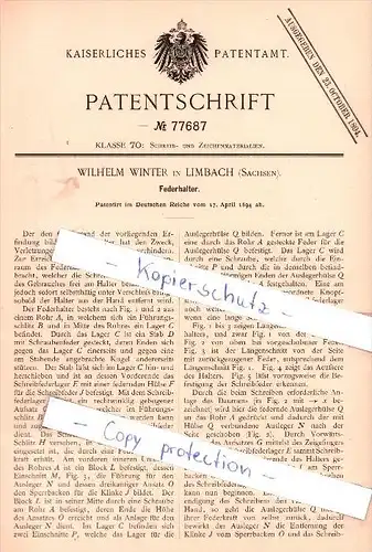 Original Patent - Wilhelm Winter in Limbach , Sachsen , 1894 , Federhalter !!!