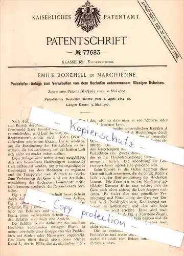 Original Patent - Emile Bonehill in Marchienne , 1894 , Puddelofen-Anlage  !!!