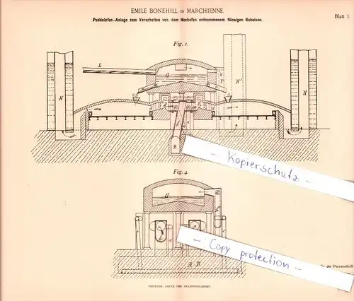 Original Patent - Emile Bonehill in Marchienne , 1894 , Puddelofen-Anlage  !!!