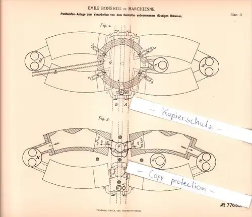 Original Patent - Emile Bonehill in Marchienne , 1894 , Puddelofen-Anlage  !!!