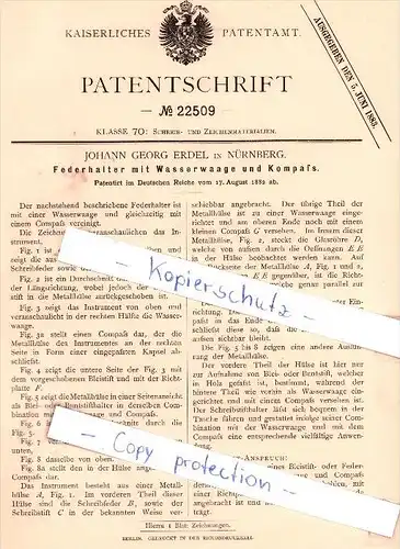 Original Patent - J. G. Erdel in Nürnberg , 1882 , Federhalter mit Wasserwaage und Kompaß !!!